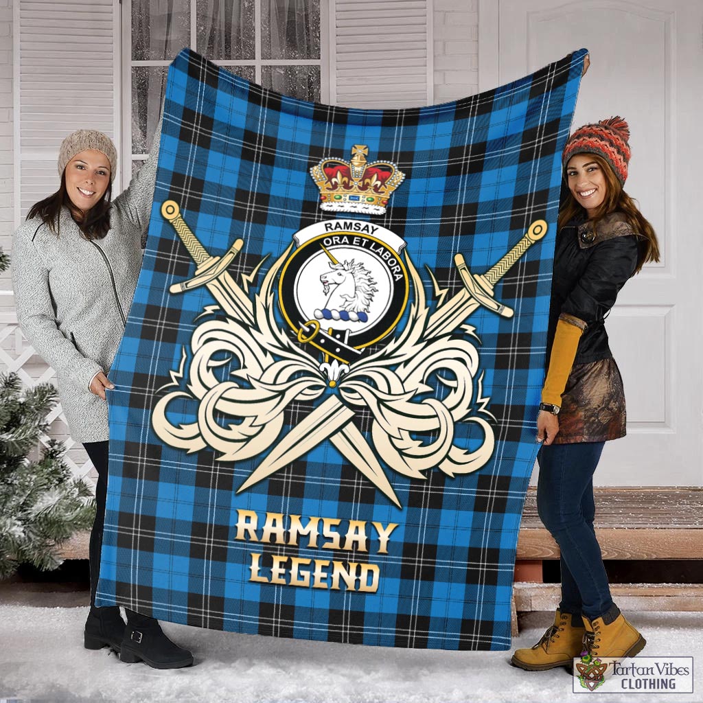 Tartan Vibes Clothing Ramsay Blue Ancient Tartan Blanket with Clan Crest and the Golden Sword of Courageous Legacy