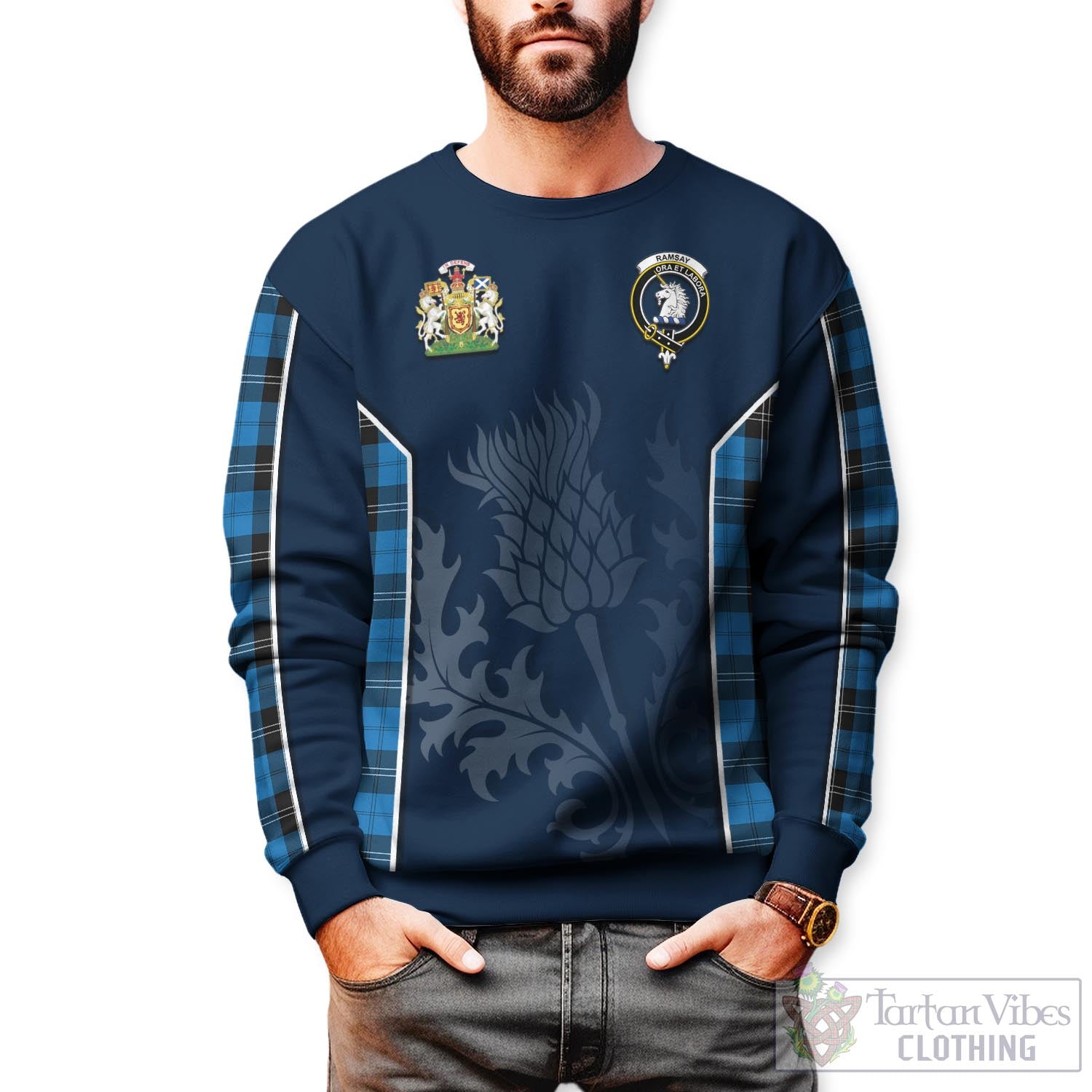 Tartan Vibes Clothing Ramsay Blue Ancient Tartan Sweatshirt with Family Crest and Scottish Thistle Vibes Sport Style
