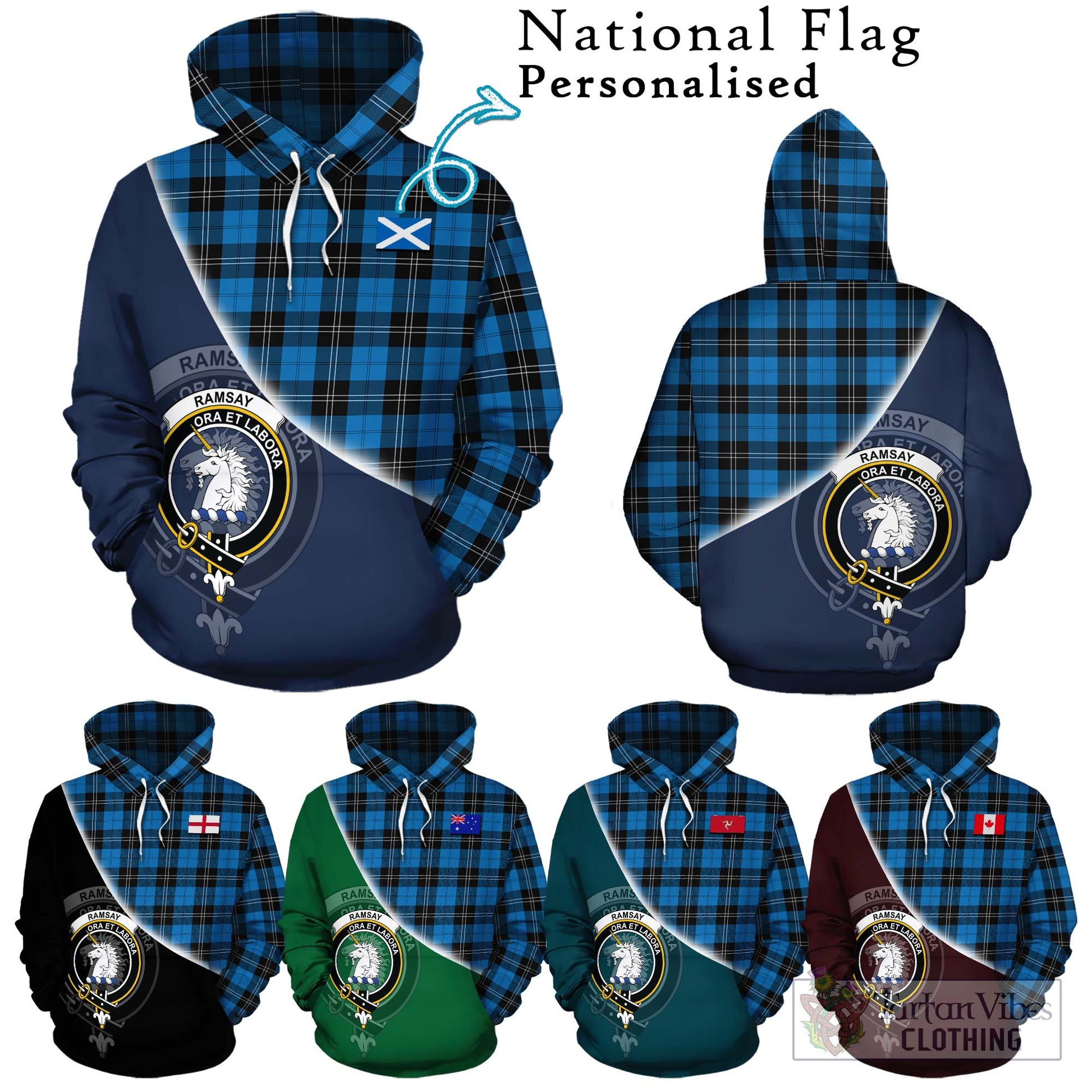 Tartan Vibes Clothing Ramsay Blue Ancient Tartan Hoodie with Personalised National Flag and Family Crest Half Style