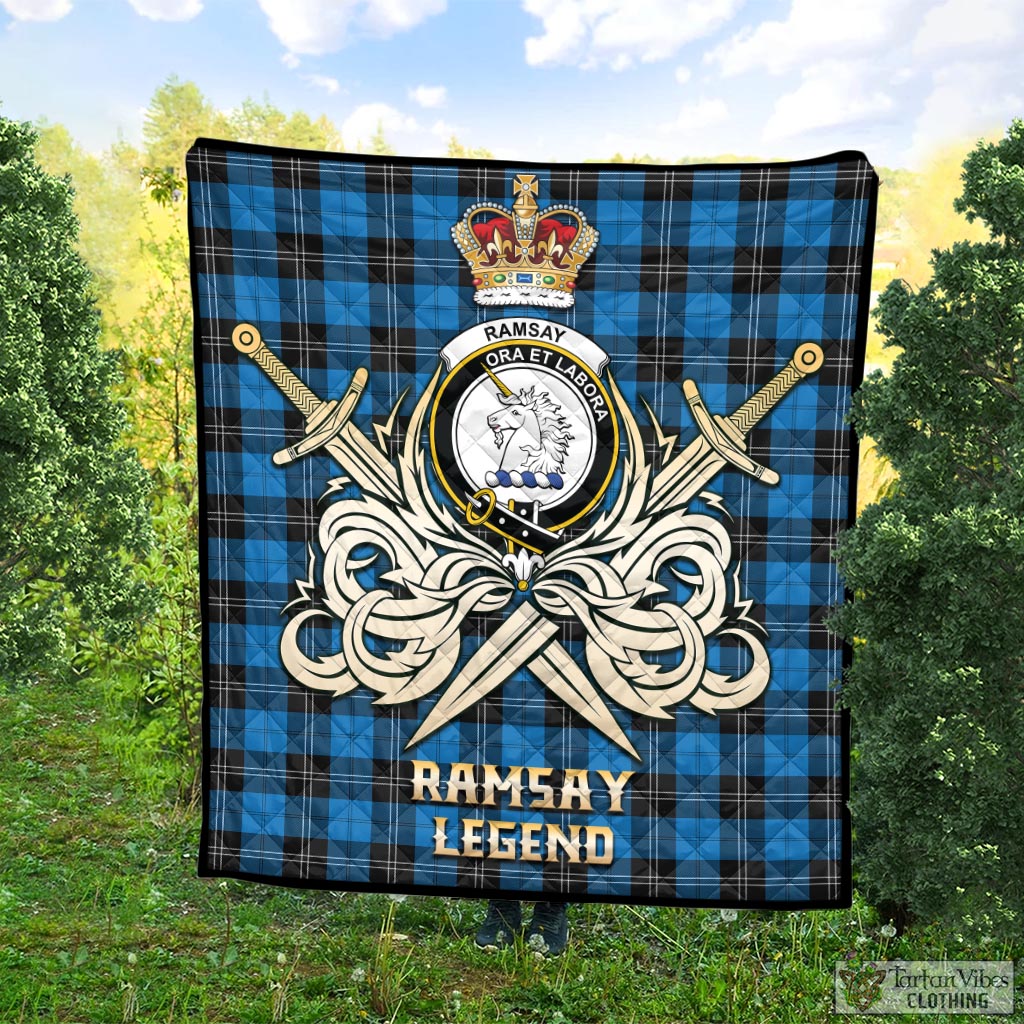 Tartan Vibes Clothing Ramsay Blue Ancient Tartan Quilt with Clan Crest and the Golden Sword of Courageous Legacy