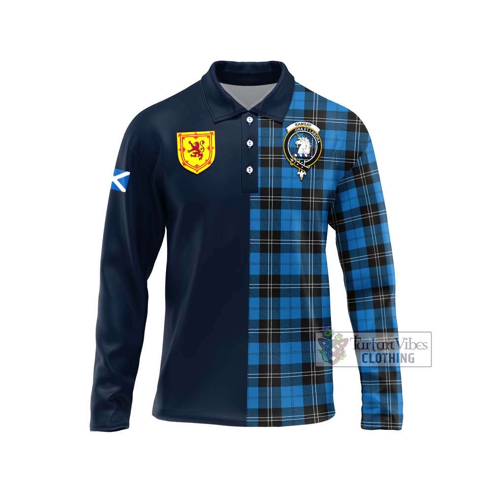 Tartan Vibes Clothing Ramsay Blue Ancient Tartan Long Sleeve Polo Shirt with Scottish Lion Royal Arm Half Style