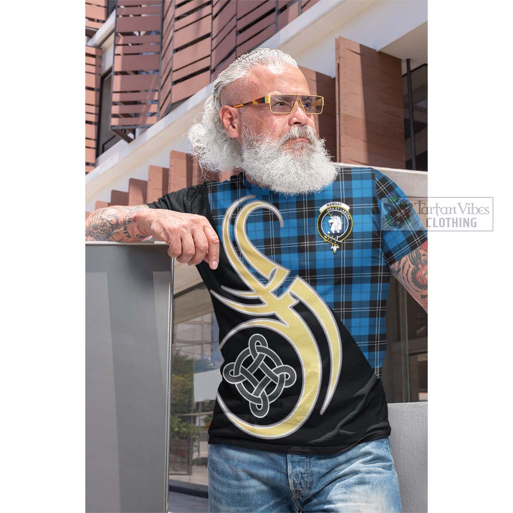 Tartan Vibes Clothing Ramsay Blue Ancient Tartan Cotton T-shirt with Family Crest and Celtic Symbol Style