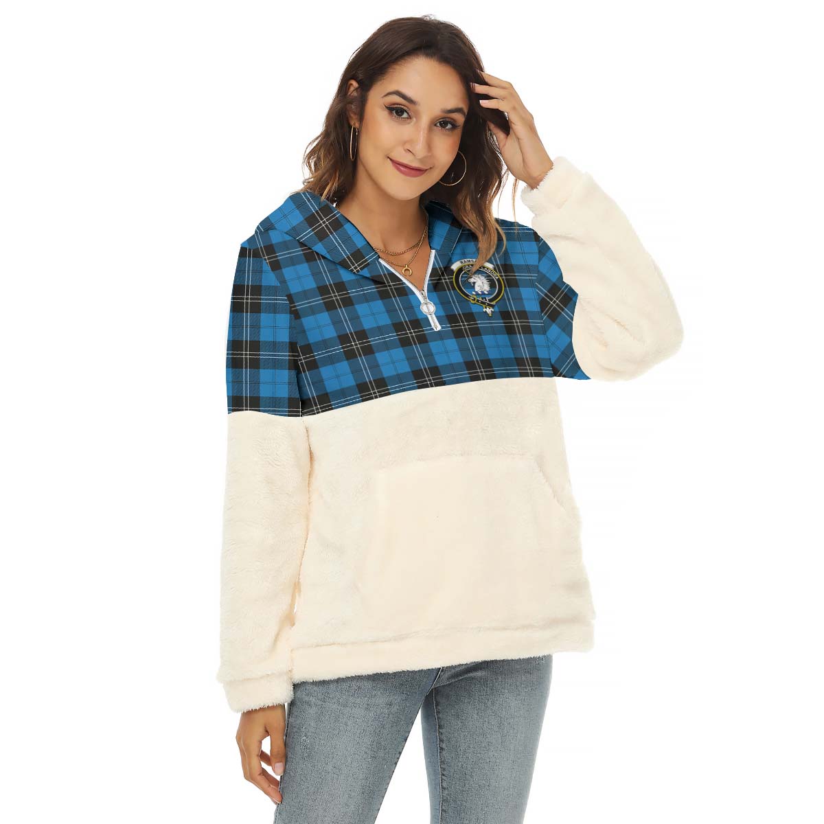 ramsay-blue-ancient-tartan-womens-borg-fleece-hoodie-with-half-zip-with-family-crest