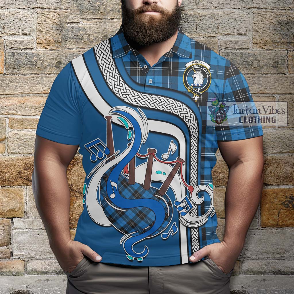 Tartan Vibes Clothing Ramsay Blue Ancient Tartan Polo Shirt with Epic Bagpipe Style