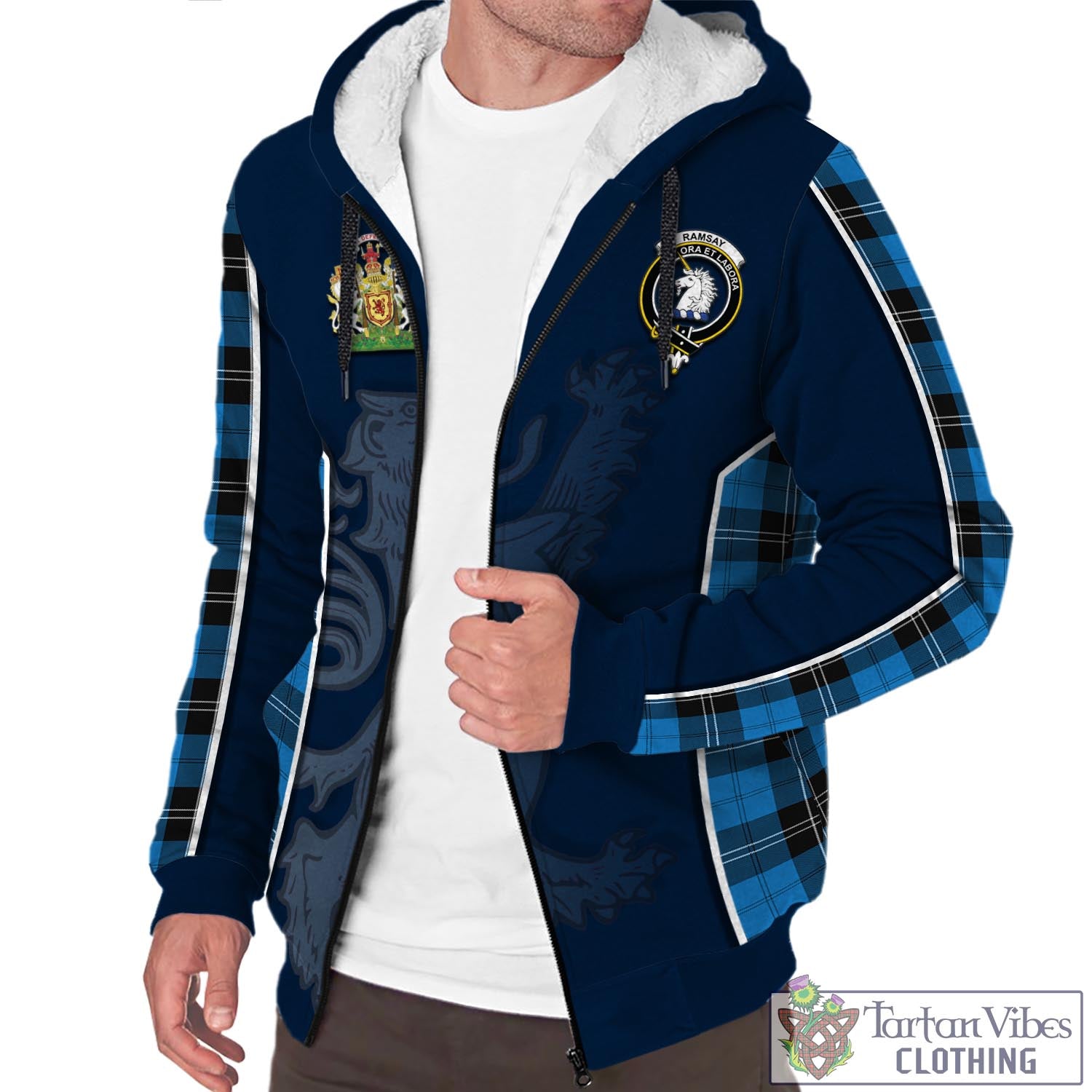 Tartan Vibes Clothing Ramsay Blue Ancient Tartan Sherpa Hoodie with Family Crest and Lion Rampant Vibes Sport Style