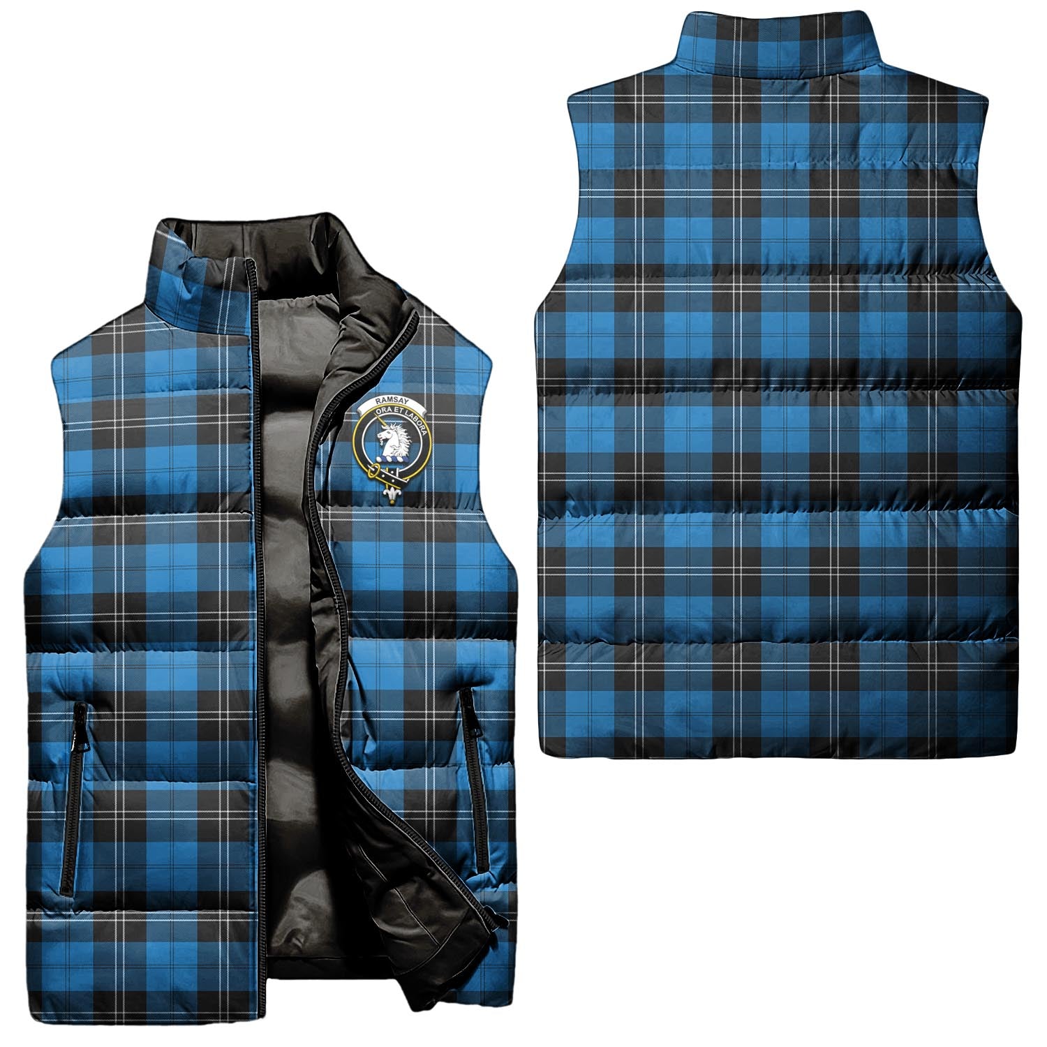 Ramsay Blue Ancient Tartan Sleeveless Puffer Jacket with Family Crest Unisex - Tartanvibesclothing