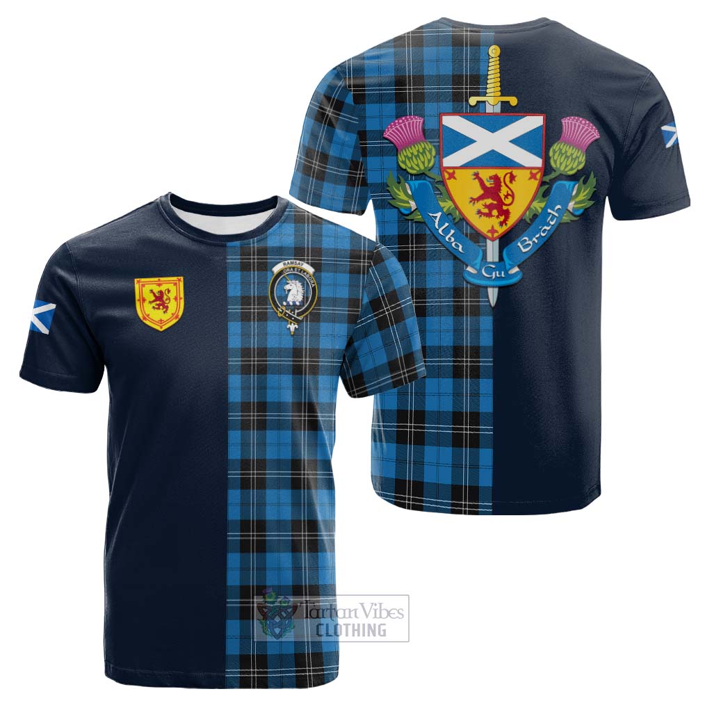 Tartan Vibes Clothing Ramsay Blue Ancient Tartan Cotton T-shirt with Scottish Lion Royal Arm Half Style