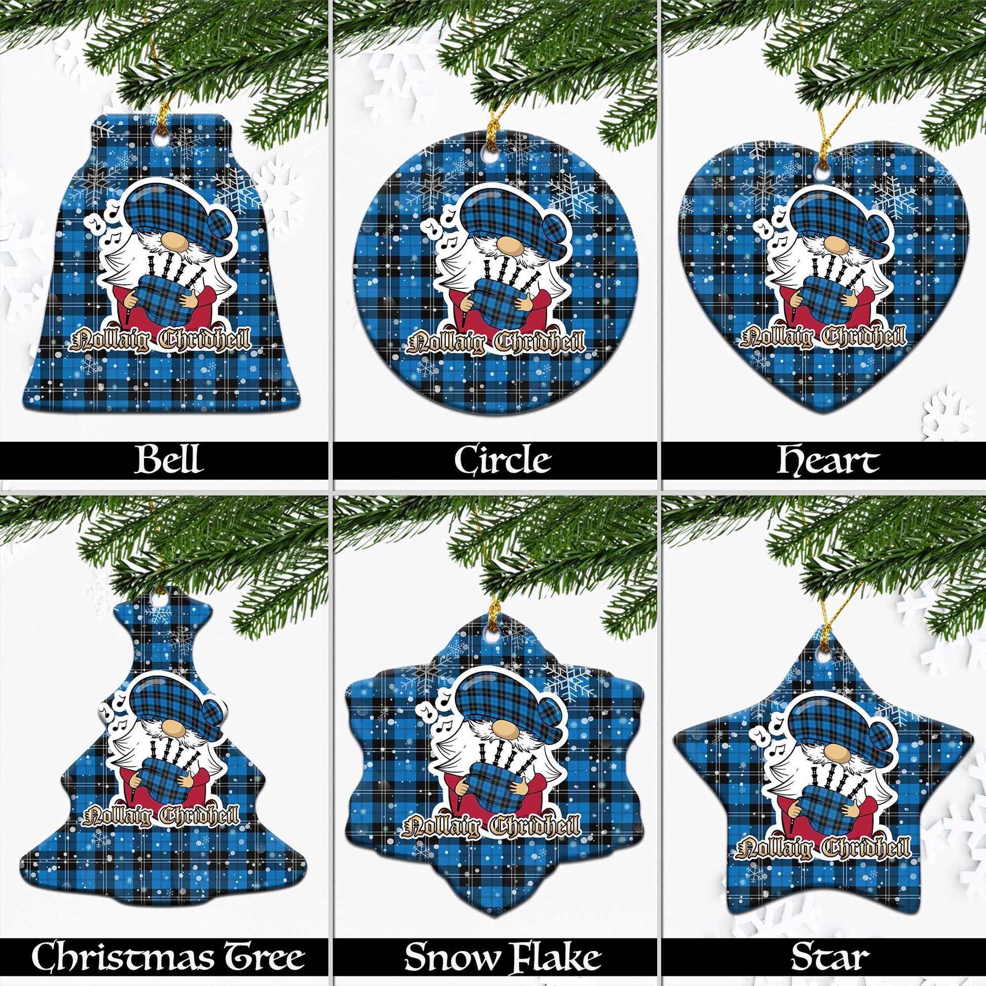 Ramsay Blue Ancient Tartan Christmas Ornaments with Scottish Gnome Playing Bagpipes Ceramic - Tartanvibesclothing Shop