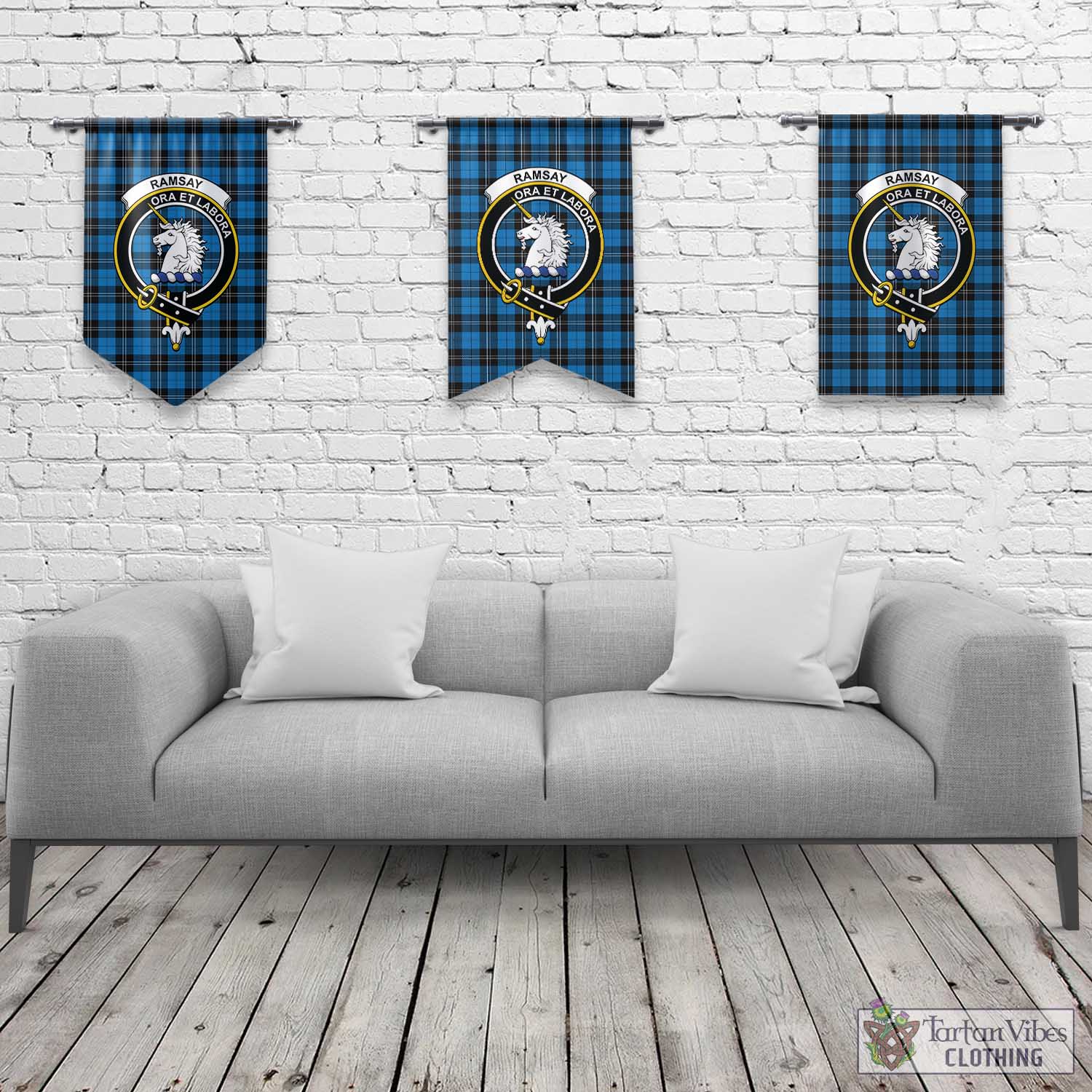 Tartan Vibes Clothing Ramsay Blue Ancient Tartan Gonfalon, Tartan Banner with Family Crest