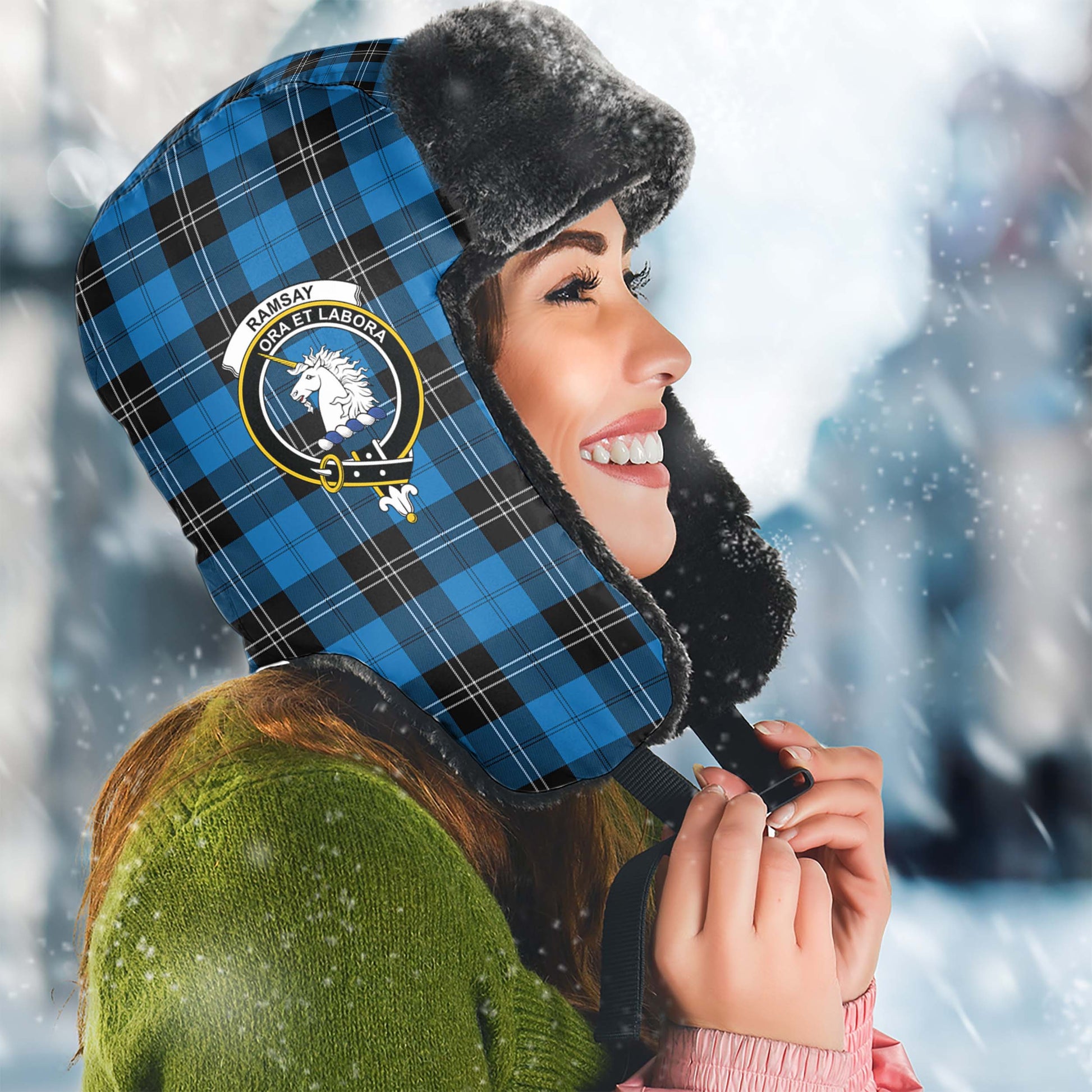 Ramsay Blue Ancient Tartan Winter Trapper Hat with Family Crest Winter Trapper Hat Universal Fit Circumference 22.8in (58cm) - Tartanvibesclothing