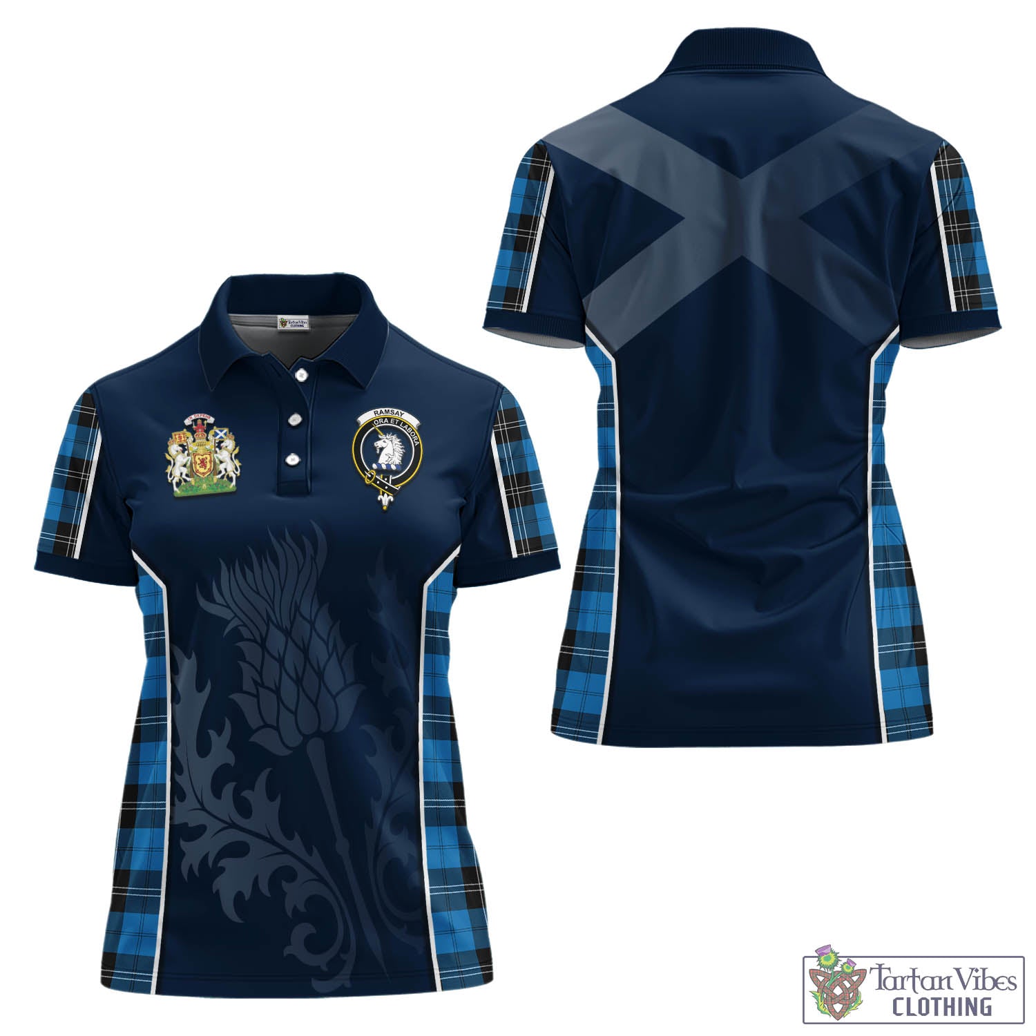 Tartan Vibes Clothing Ramsay Blue Ancient Tartan Women's Polo Shirt with Family Crest and Scottish Thistle Vibes Sport Style