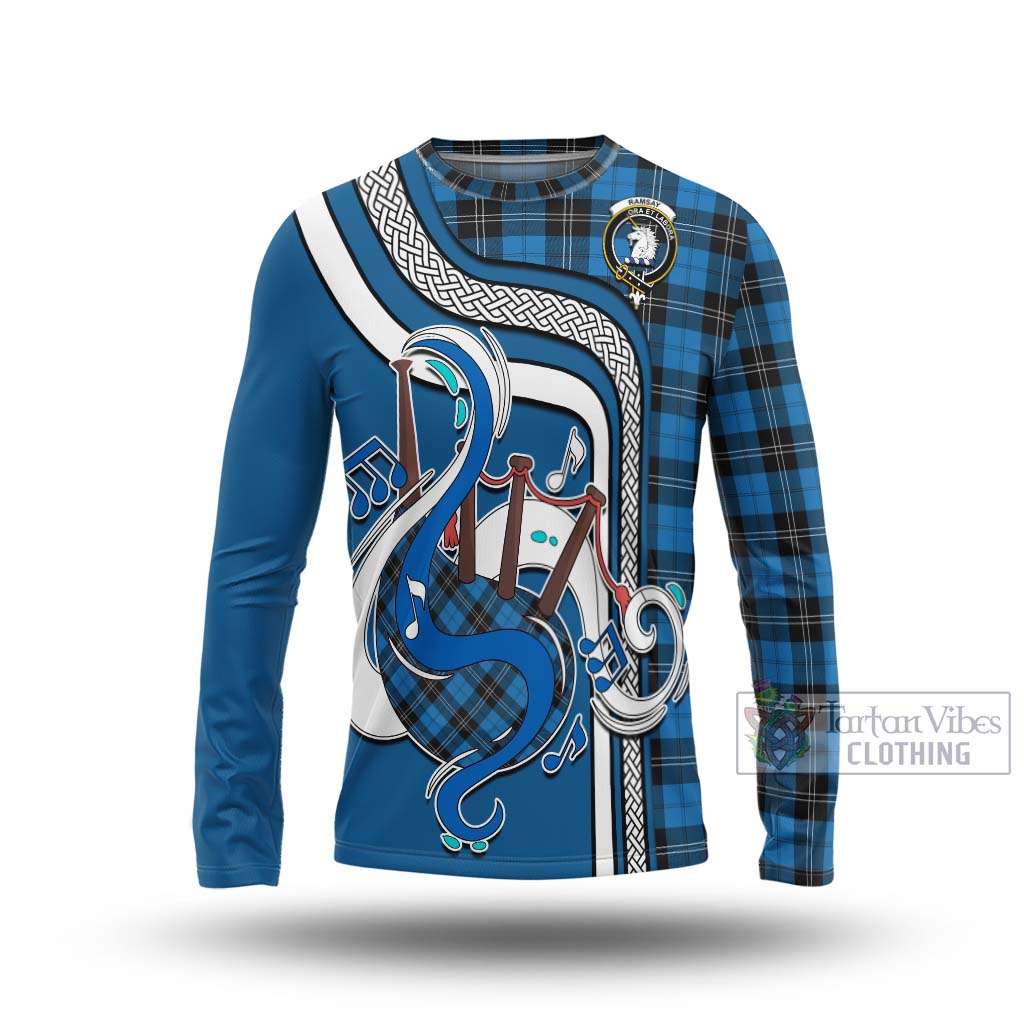 Tartan Vibes Clothing Ramsay Blue Ancient Tartan Long Sleeve T-Shirt with Epic Bagpipe Style