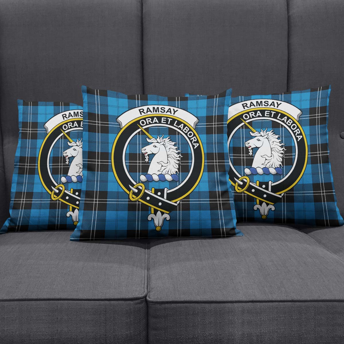 Ramsay Blue Ancient Tartan Pillow Cover with Family Crest Square Pillow Cover - Tartanvibesclothing
