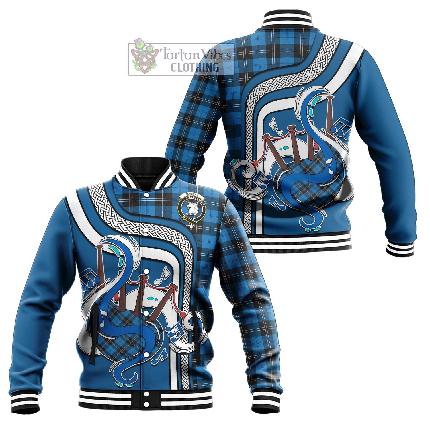 Tartan Vibes Clothing Ramsay Blue Ancient Tartan Baseball Jacket with Epic Bagpipe Style