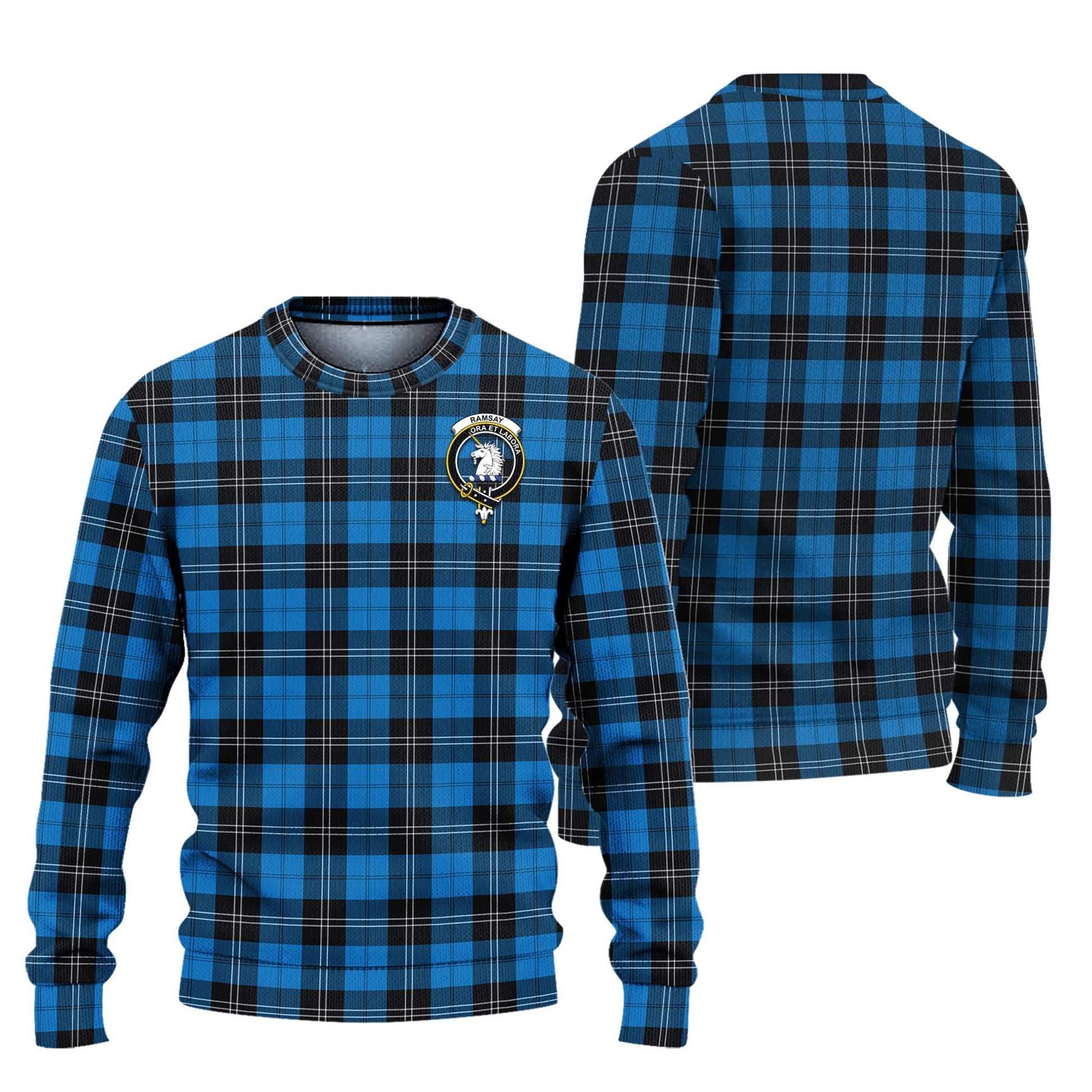 Ramsay Blue Ancient Tartan Knitted Sweater with Family Crest Unisex - Tartanvibesclothing