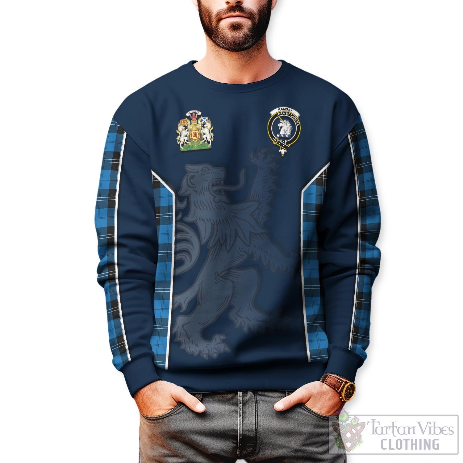 Tartan Vibes Clothing Ramsay Blue Ancient Tartan Sweater with Family Crest and Lion Rampant Vibes Sport Style