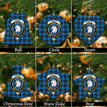 Ramsay Blue Ancient Tartan Christmas Ceramic Ornaments with Family Crest