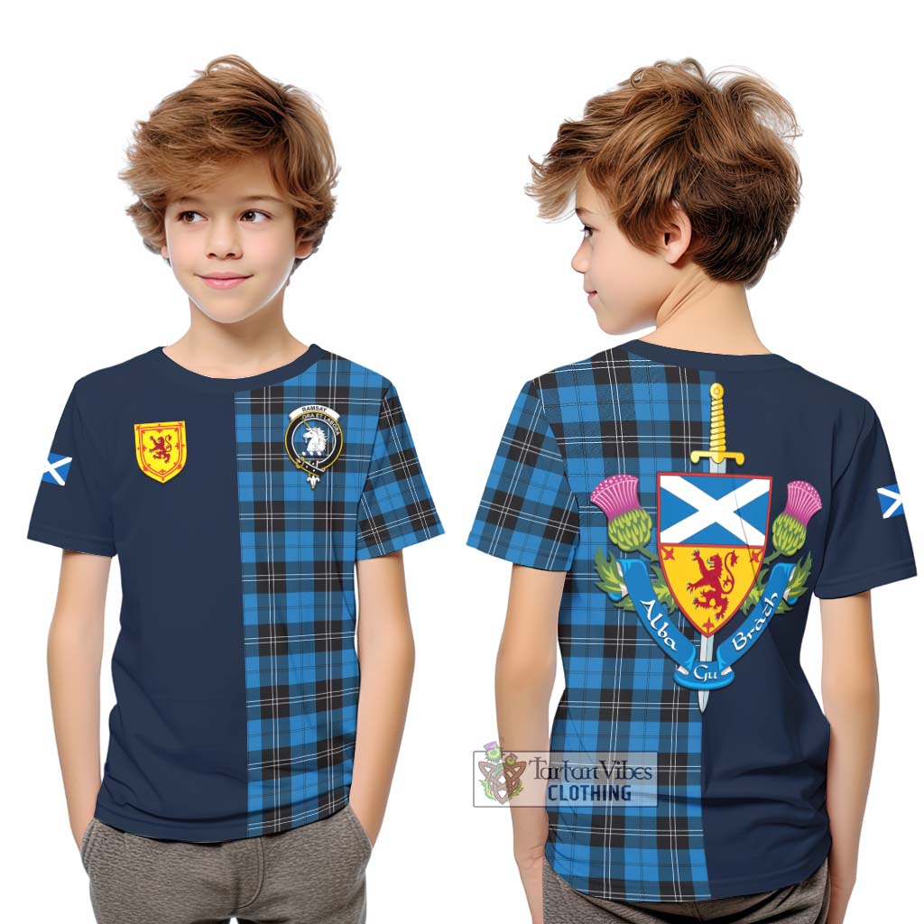 Tartan Vibes Clothing Ramsay Blue Ancient Tartan Kid T-Shirt with Scottish Lion Royal Arm Half Style