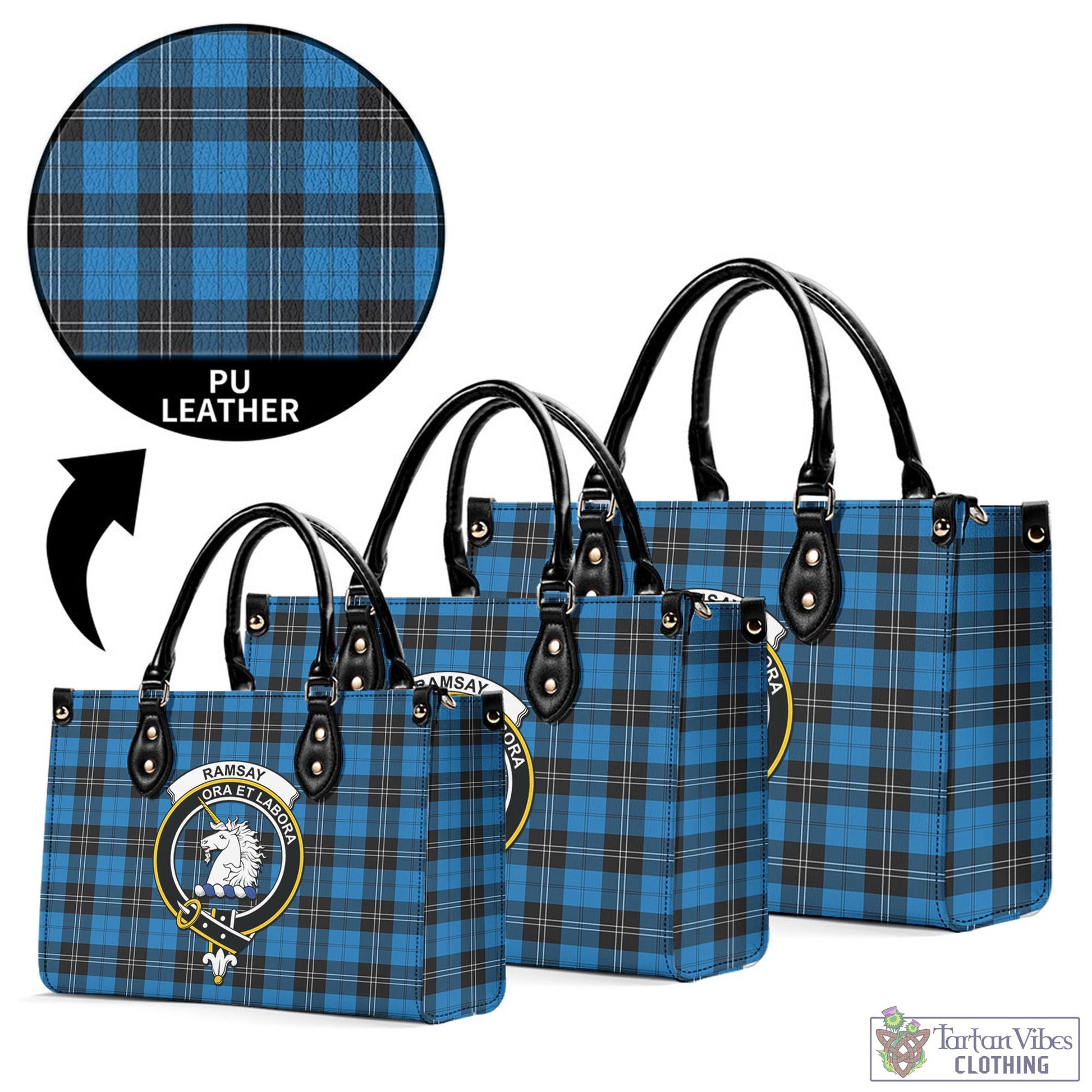 Tartan Vibes Clothing Ramsay Blue Ancient Tartan Luxury Leather Handbags with Family Crest