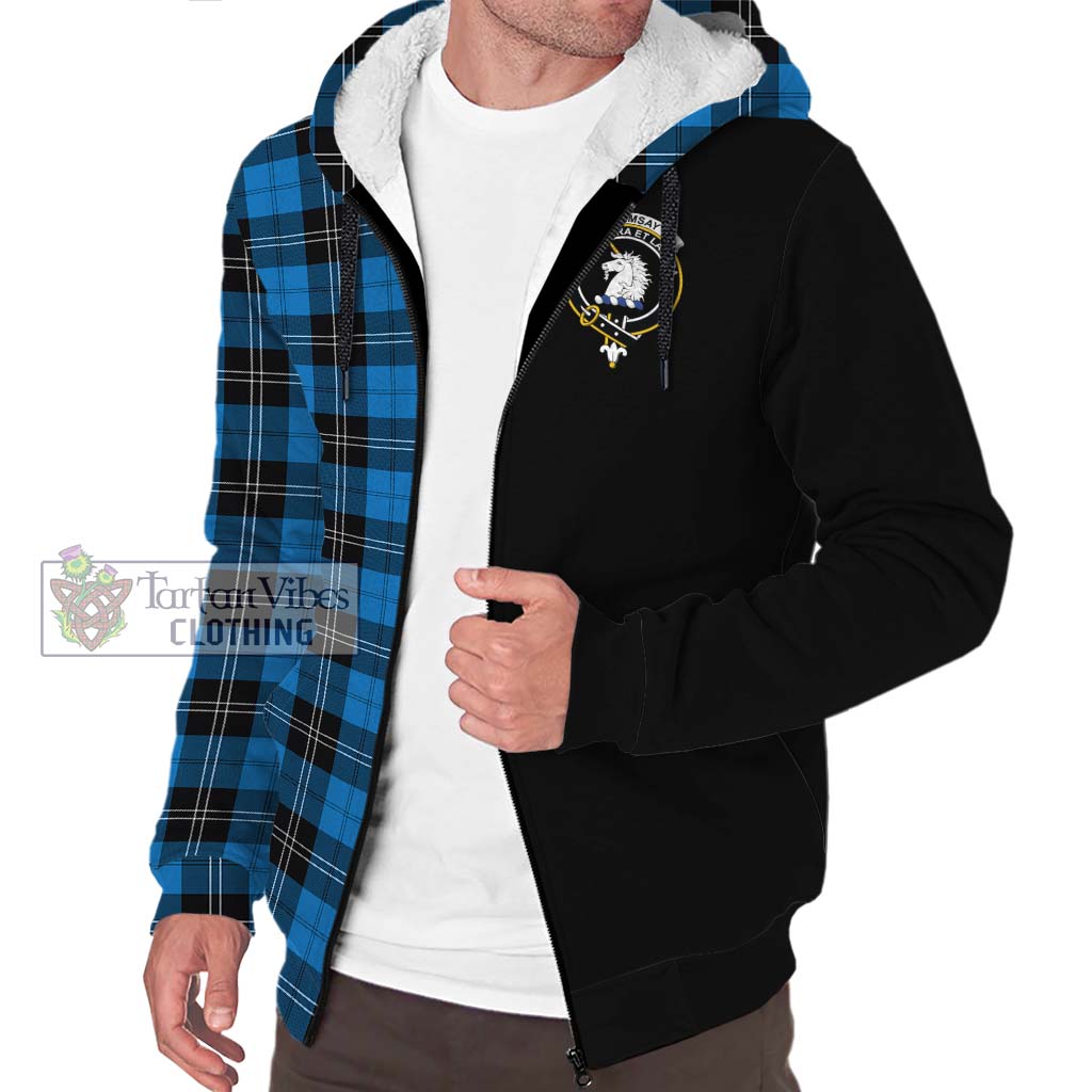 Tartan Vibes Clothing Ramsay Blue Ancient Tartan Sherpa Hoodie with Family Crest and Half Of Me Style