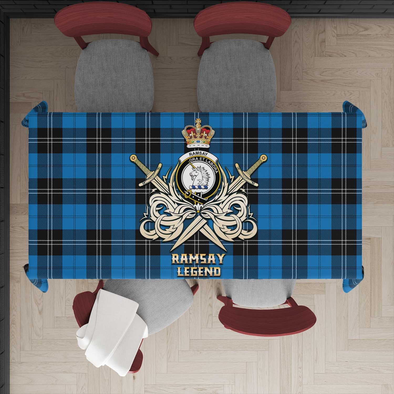 Tartan Vibes Clothing Ramsay Blue Ancient Tartan Tablecloth with Clan Crest and the Golden Sword of Courageous Legacy