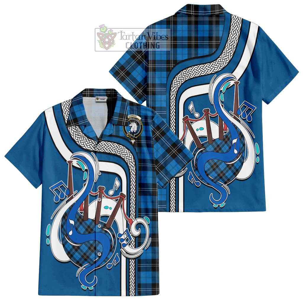 Tartan Vibes Clothing Ramsay Blue Ancient Tartan Short Sleeve Button Shirt with Epic Bagpipe Style