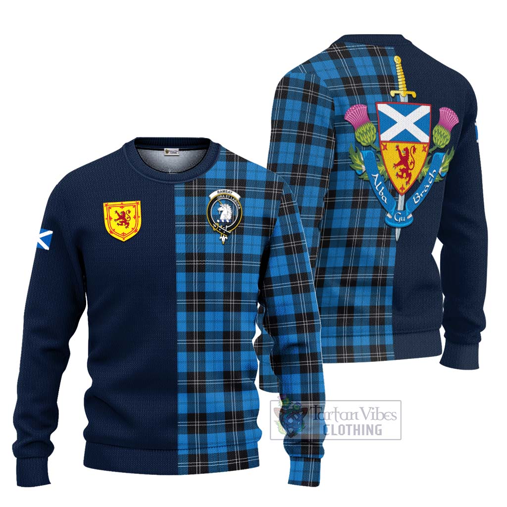 Tartan Vibes Clothing Ramsay Blue Ancient Tartan Knitted Sweater with Scottish Lion Royal Arm Half Style