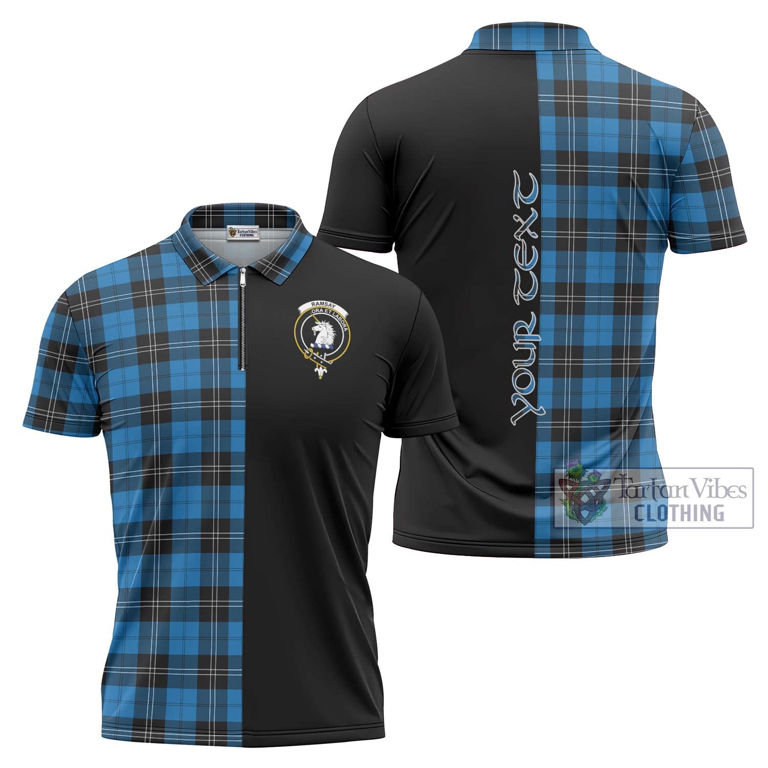 Tartan Vibes Clothing Ramsay Blue Ancient Tartan Zipper Polo Shirt with Family Crest and Half Of Me Style