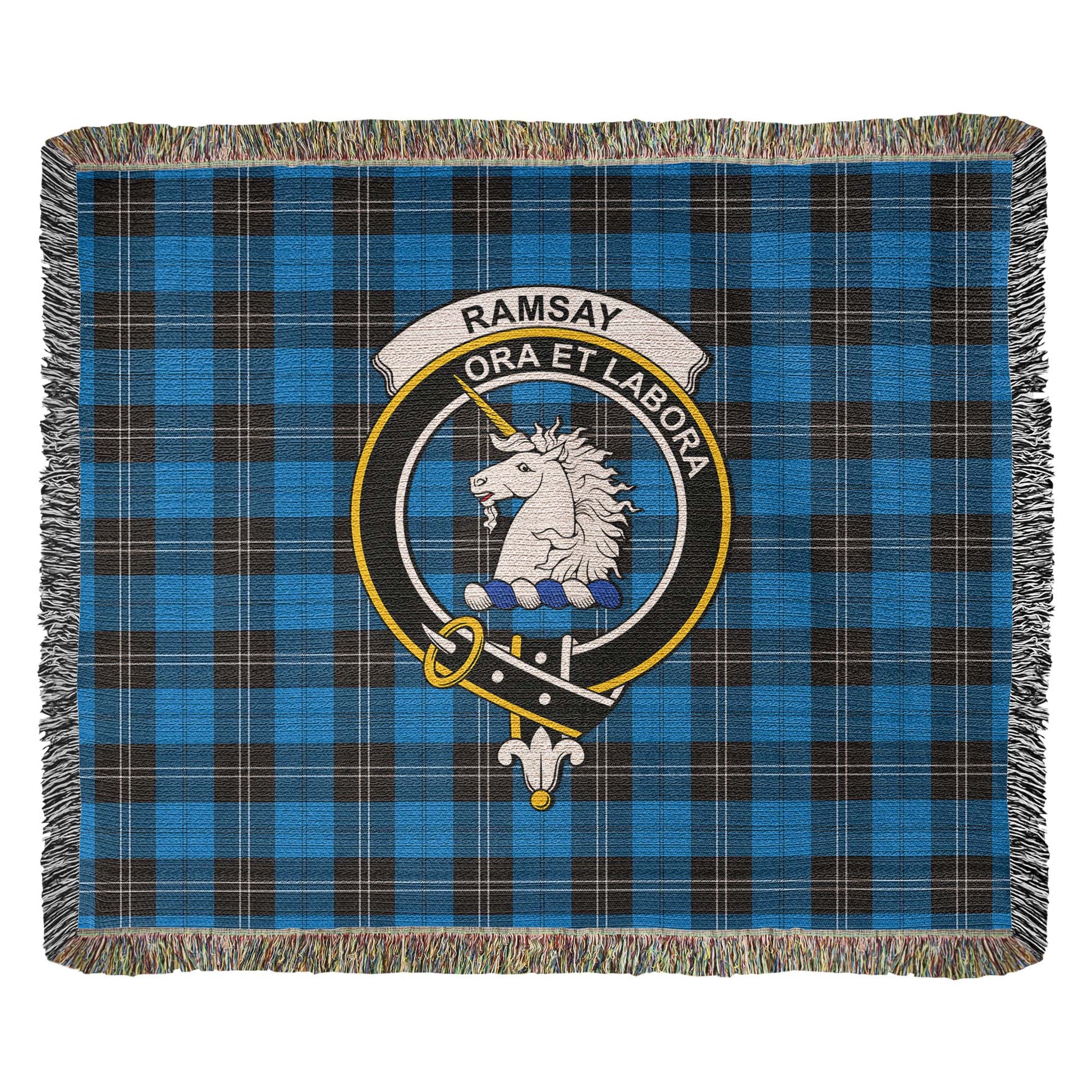 Tartan Vibes Clothing Ramsay Blue Ancient Tartan Woven Blanket with Family Crest