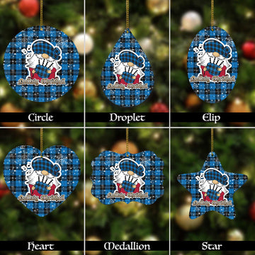 Ramsay Blue Ancient Tartan Christmas Ornaments with Scottish Gnome Playing Bagpipes