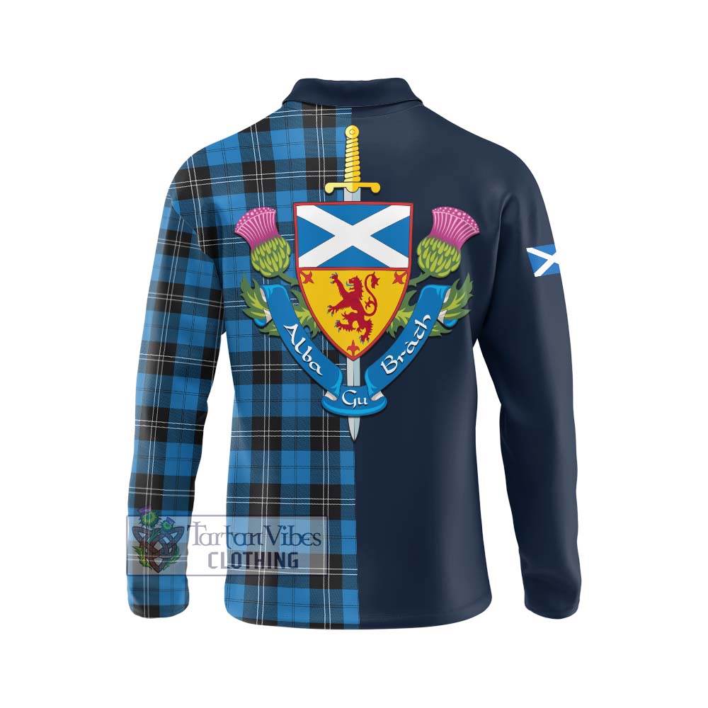 Tartan Vibes Clothing Ramsay Blue Ancient Tartan Long Sleeve Polo Shirt with Scottish Lion Royal Arm Half Style