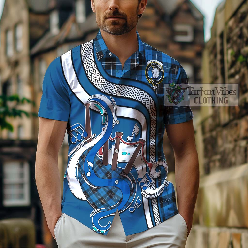 Tartan Vibes Clothing Ramsay Blue Ancient Tartan Short Sleeve Button Shirt with Epic Bagpipe Style