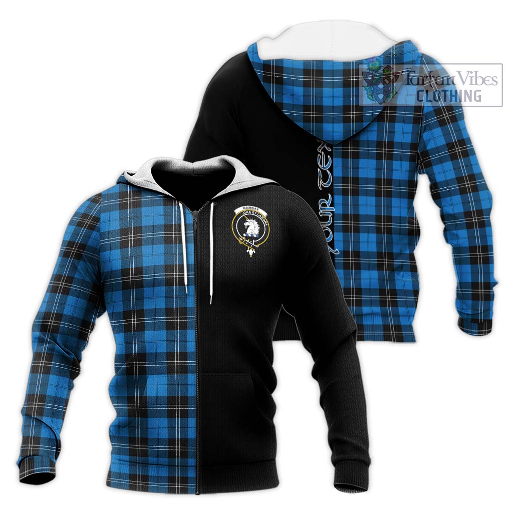 Tartan Vibes Clothing Ramsay Blue Ancient Tartan Knitted Hoodie with Family Crest and Half Of Me Style