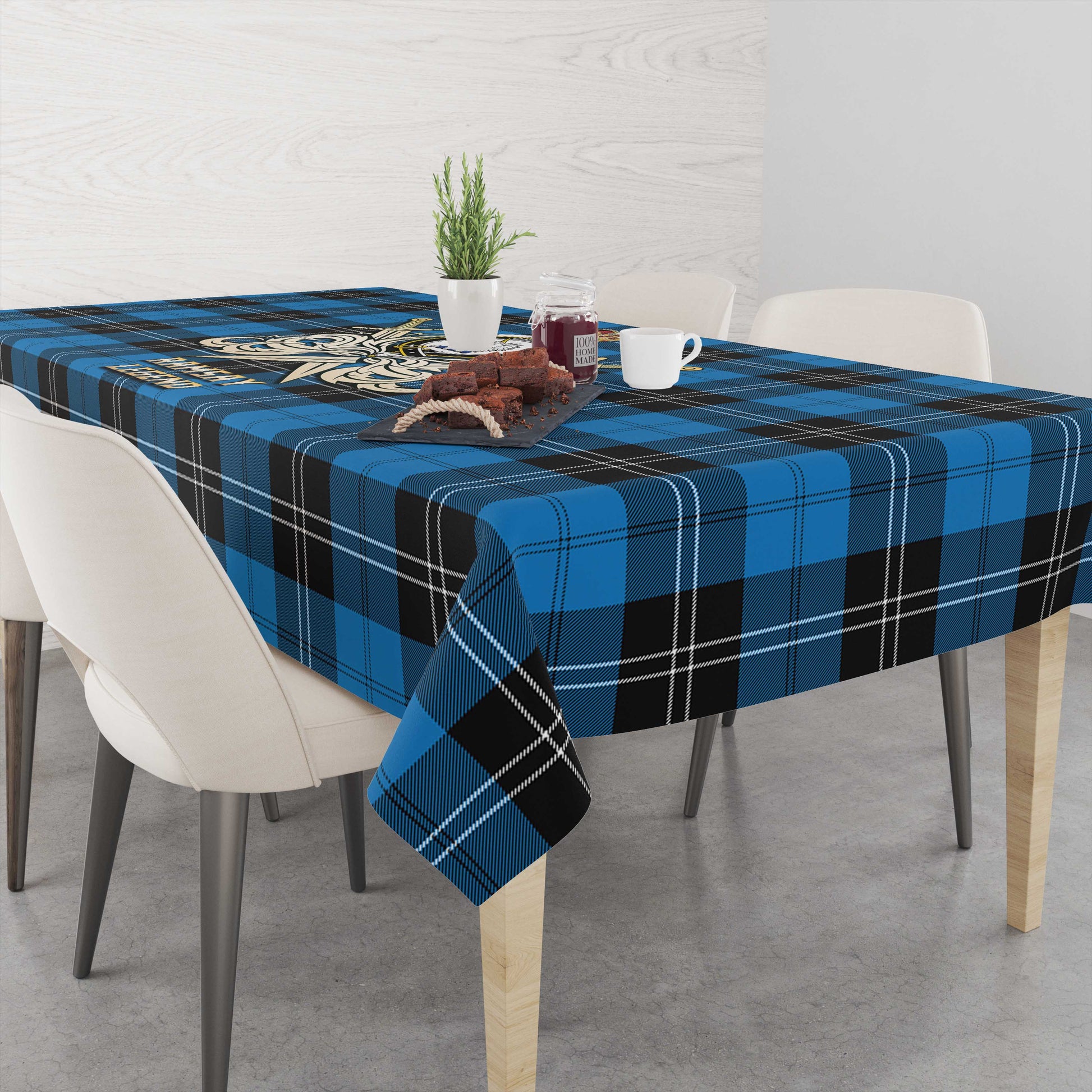 Tartan Vibes Clothing Ramsay Blue Ancient Tartan Tablecloth with Clan Crest and the Golden Sword of Courageous Legacy