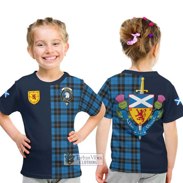 Ramsay Blue Ancient Tartan Kid T-Shirt with Scottish Lion Royal Arm Half Style