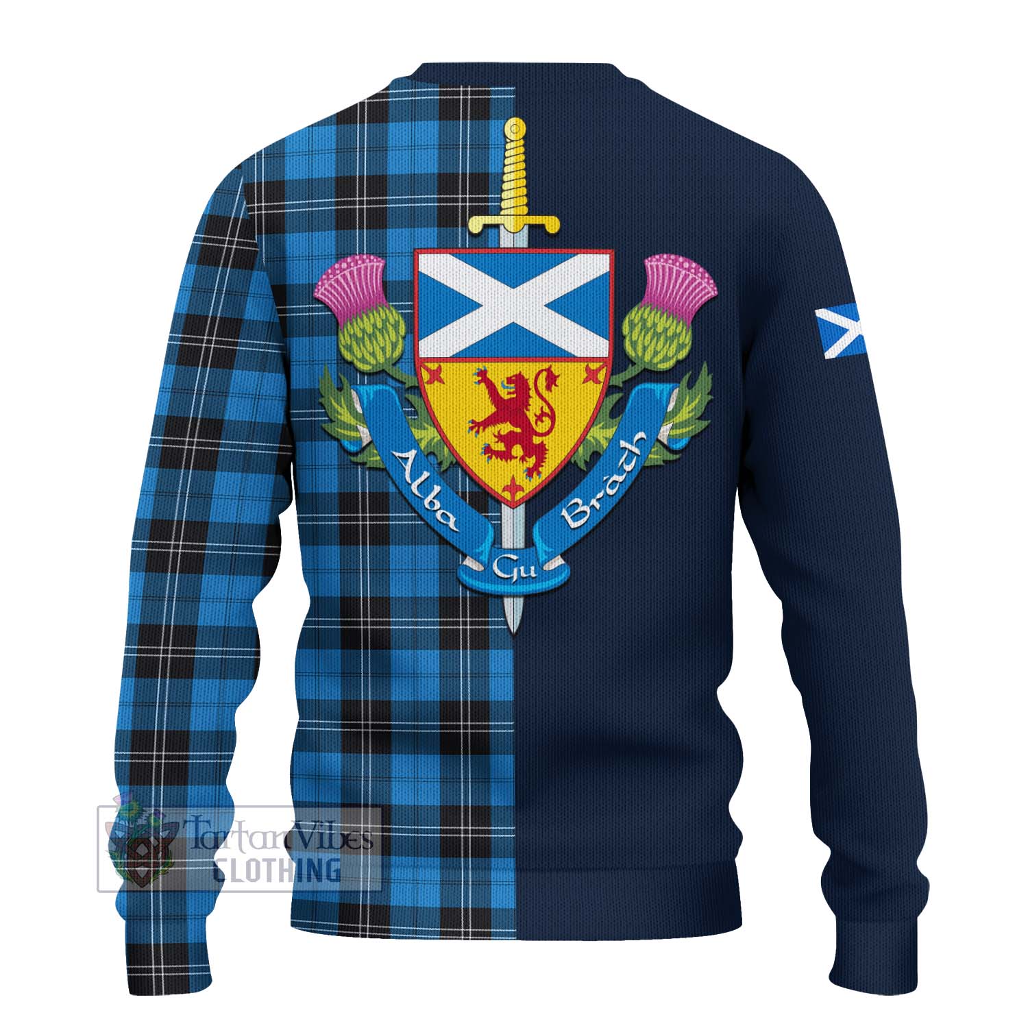 Tartan Vibes Clothing Ramsay Blue Ancient Tartan Knitted Sweater with Scottish Lion Royal Arm Half Style