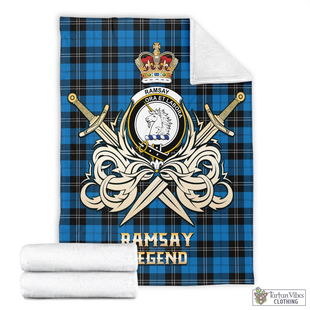 Tartan Vibes Clothing Ramsay Blue Ancient Tartan Blanket with Clan Crest and the Golden Sword of Courageous Legacy