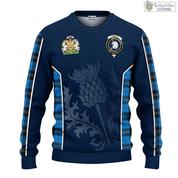 Ramsay Blue Ancient Tartan Knitted Sweatshirt with Family Crest and Scottish Thistle Vibes Sport Style