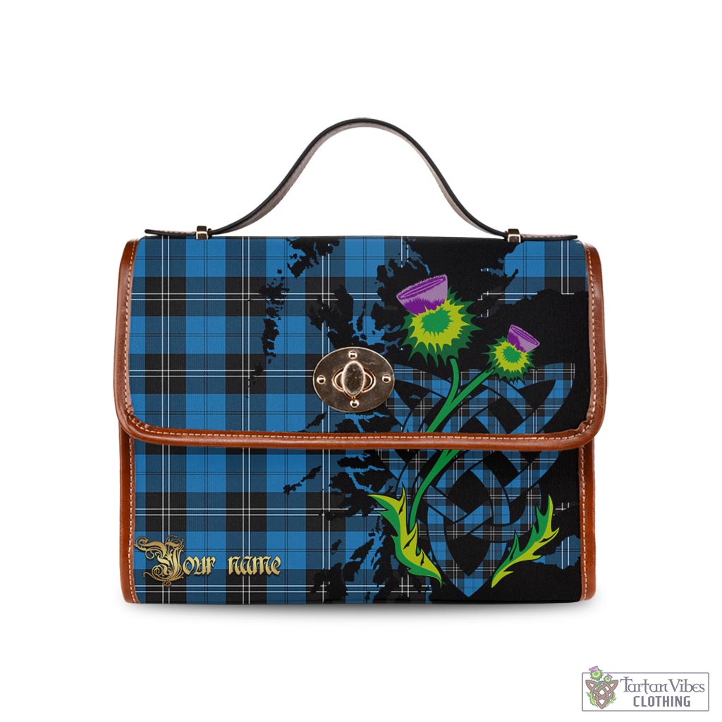 Tartan Vibes Clothing Ramsay Blue Ancient Tartan Waterproof Canvas Bag with Scotland Map and Thistle Celtic Accents