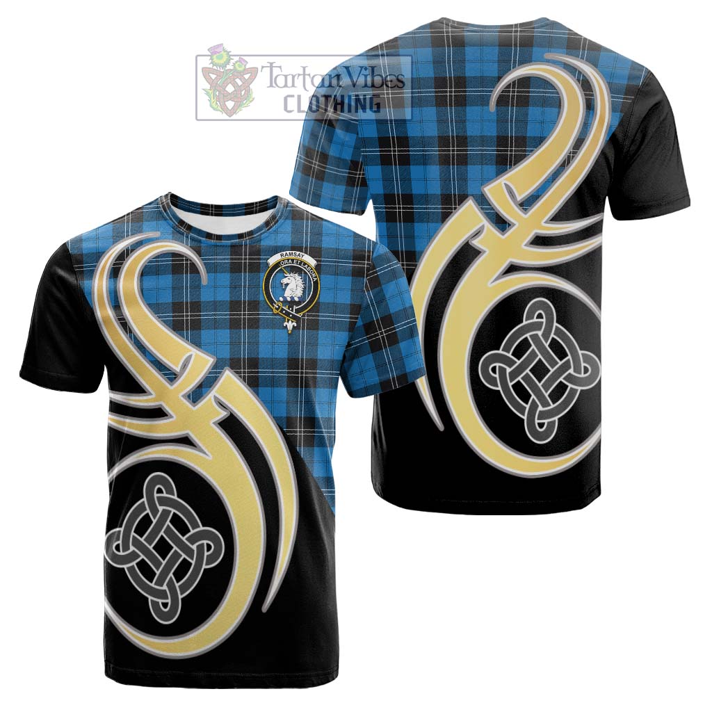 Tartan Vibes Clothing Ramsay Blue Ancient Tartan Cotton T-shirt with Family Crest and Celtic Symbol Style