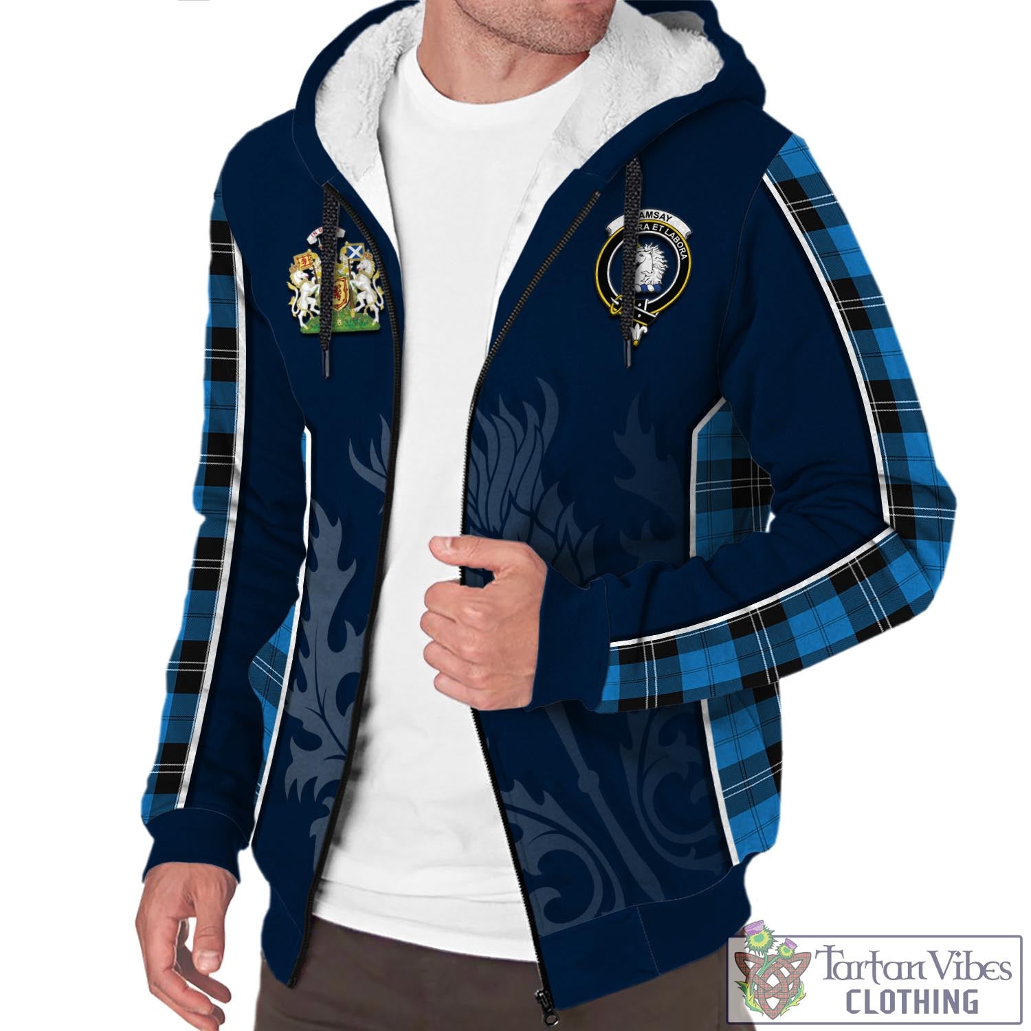 Tartan Vibes Clothing Ramsay Blue Ancient Tartan Sherpa Hoodie with Family Crest and Scottish Thistle Vibes Sport Style