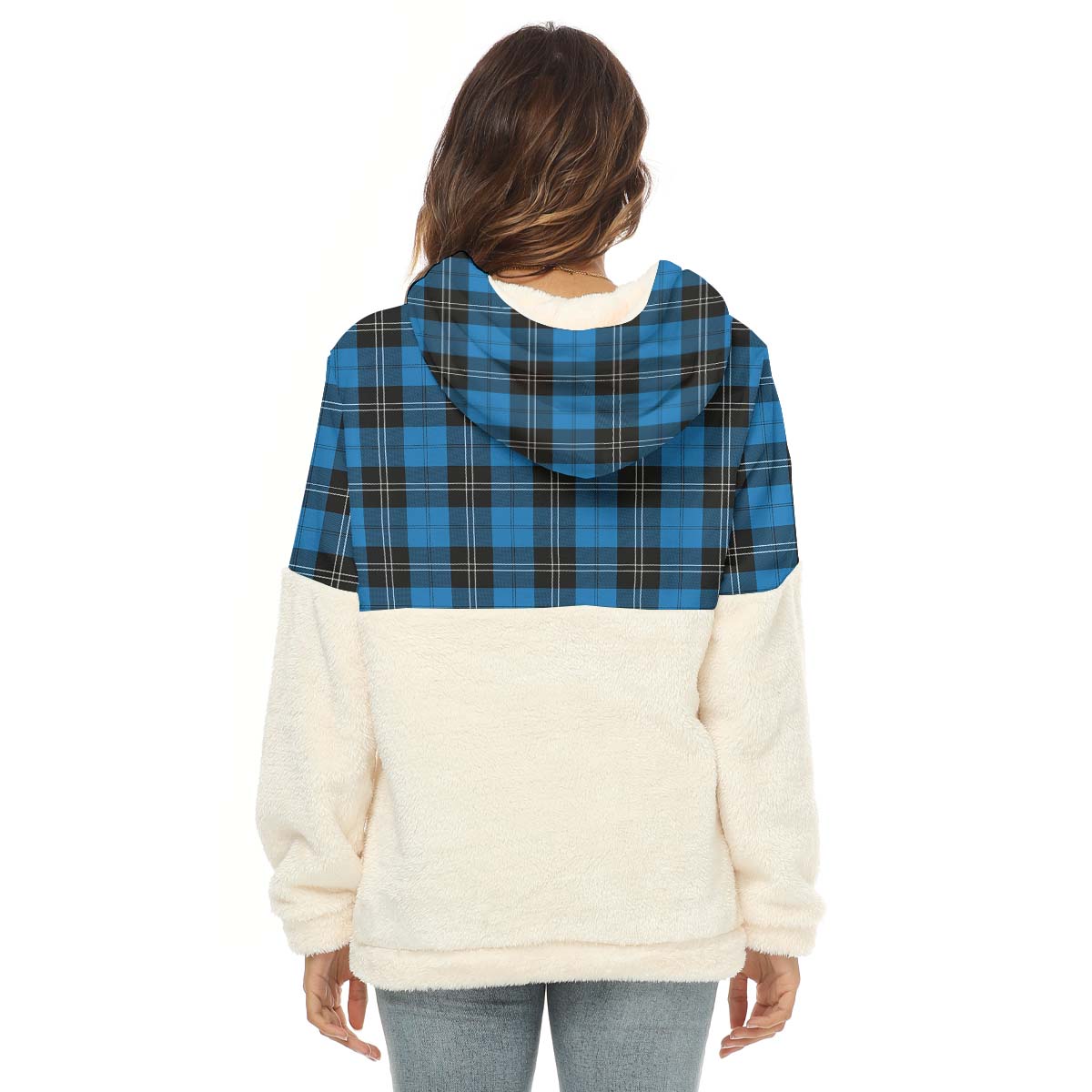 ramsay-blue-ancient-tartan-womens-borg-fleece-hoodie-with-half-zip-with-family-crest