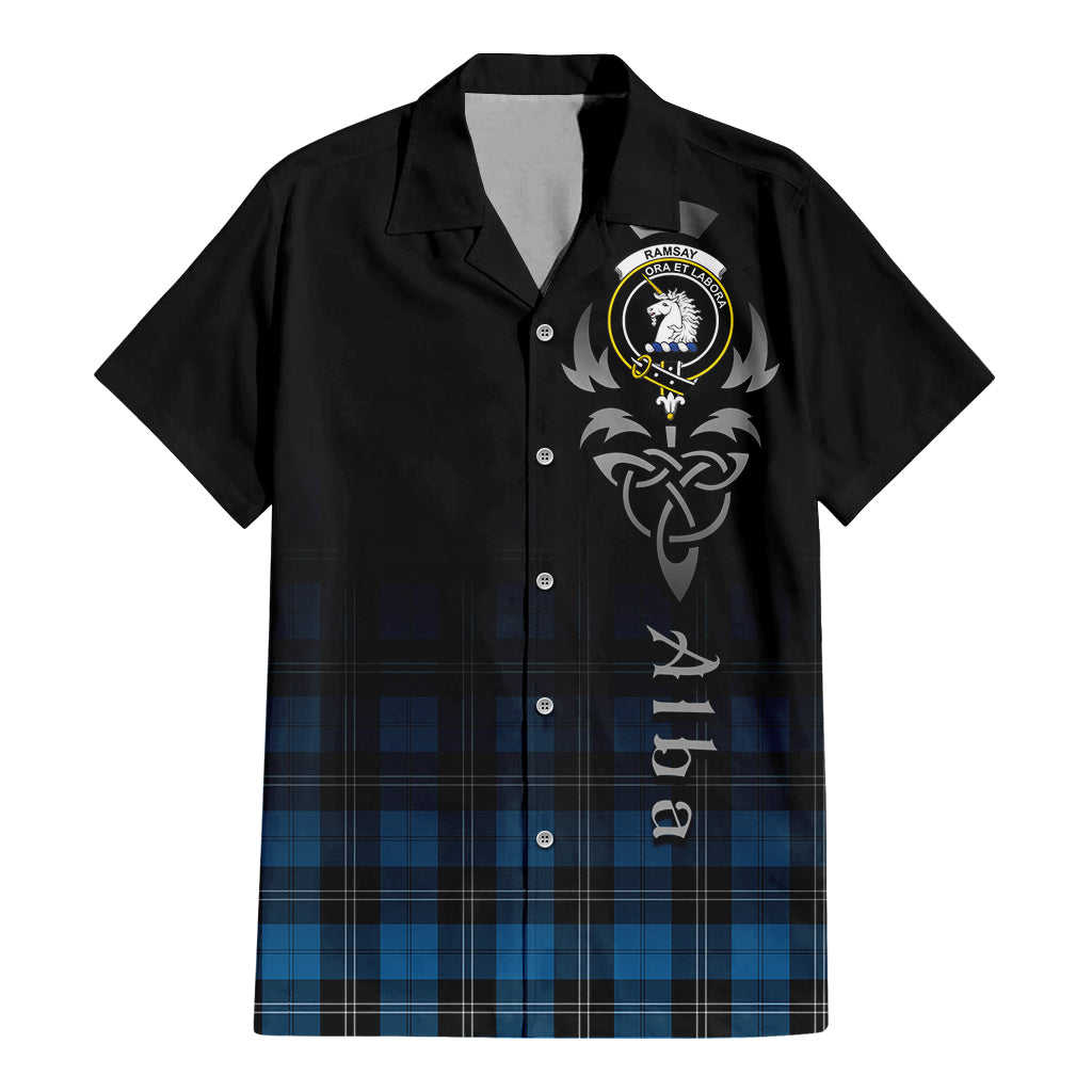 Tartan Vibes Clothing Ramsay Blue Ancient Tartan Short Sleeve Button Up Featuring Alba Gu Brath Family Crest Celtic Inspired