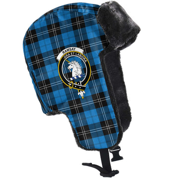 Ramsay Blue Ancient Tartan Winter Trapper Hat with Family Crest