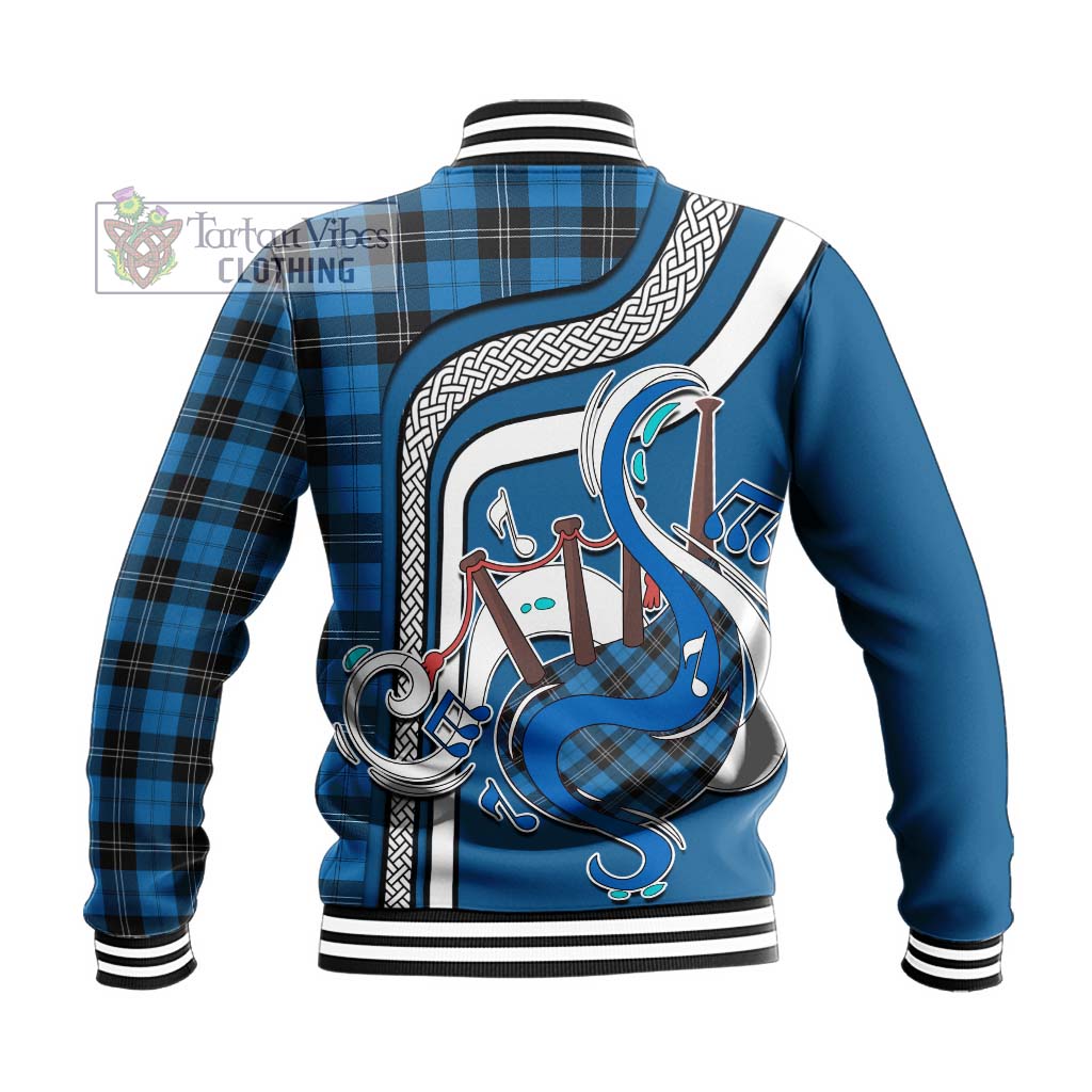 Tartan Vibes Clothing Ramsay Blue Ancient Tartan Baseball Jacket with Epic Bagpipe Style