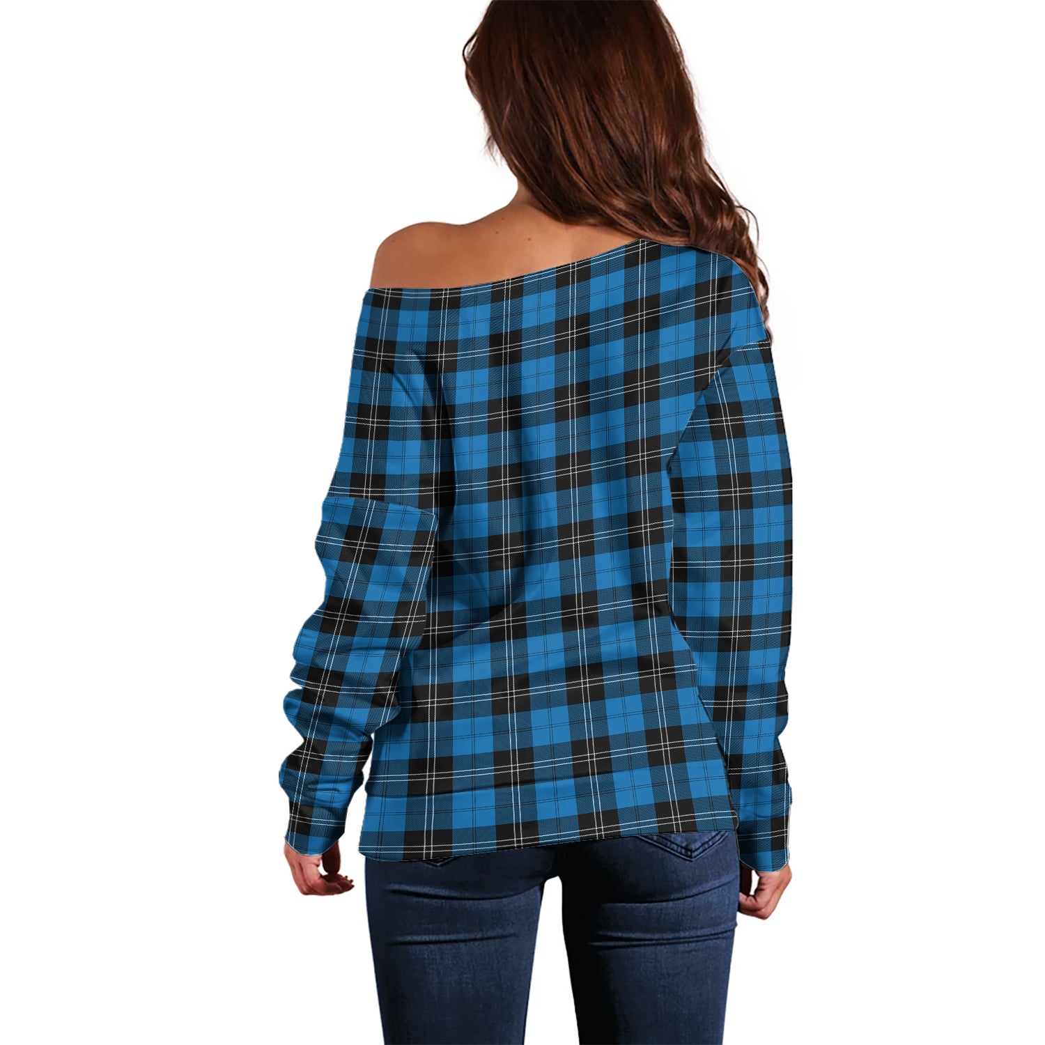 Ramsay Blue Ancient Tartan Off Shoulder Women Sweater with Family Crest - Tartanvibesclothing