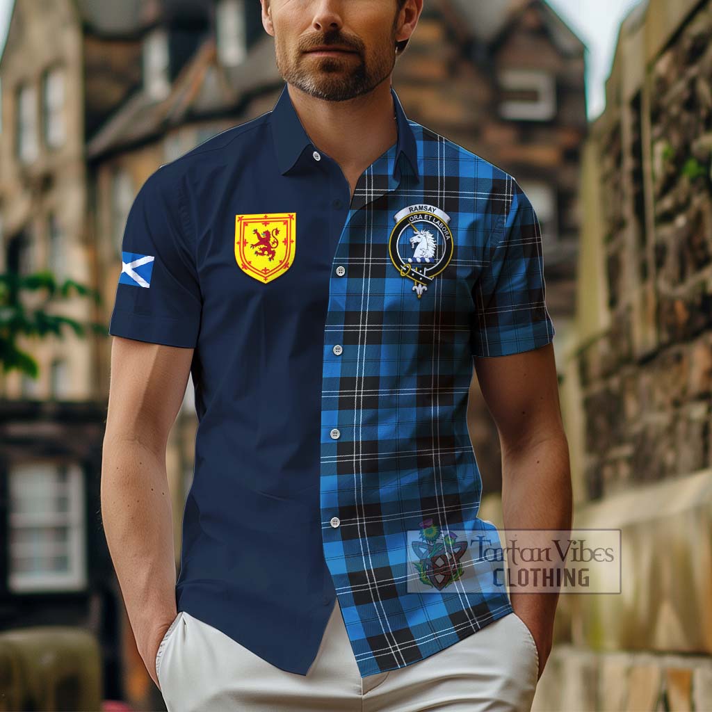 Tartan Vibes Clothing Ramsay Blue Ancient Tartan Short Sleeve Button Shirt with Scottish Lion Royal Arm Half Style