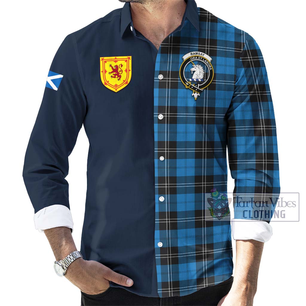 Tartan Vibes Clothing Ramsay Blue Ancient Tartan Long Sleeve Button Shirt with Scottish Lion Royal Arm Half Style