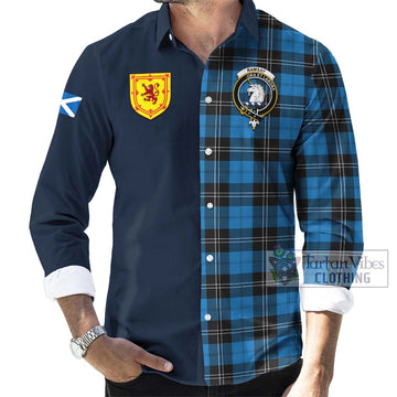 Ramsay Blue Ancient Tartan Long Sleeve Button Shirt with Scottish Lion Royal Arm Half Style