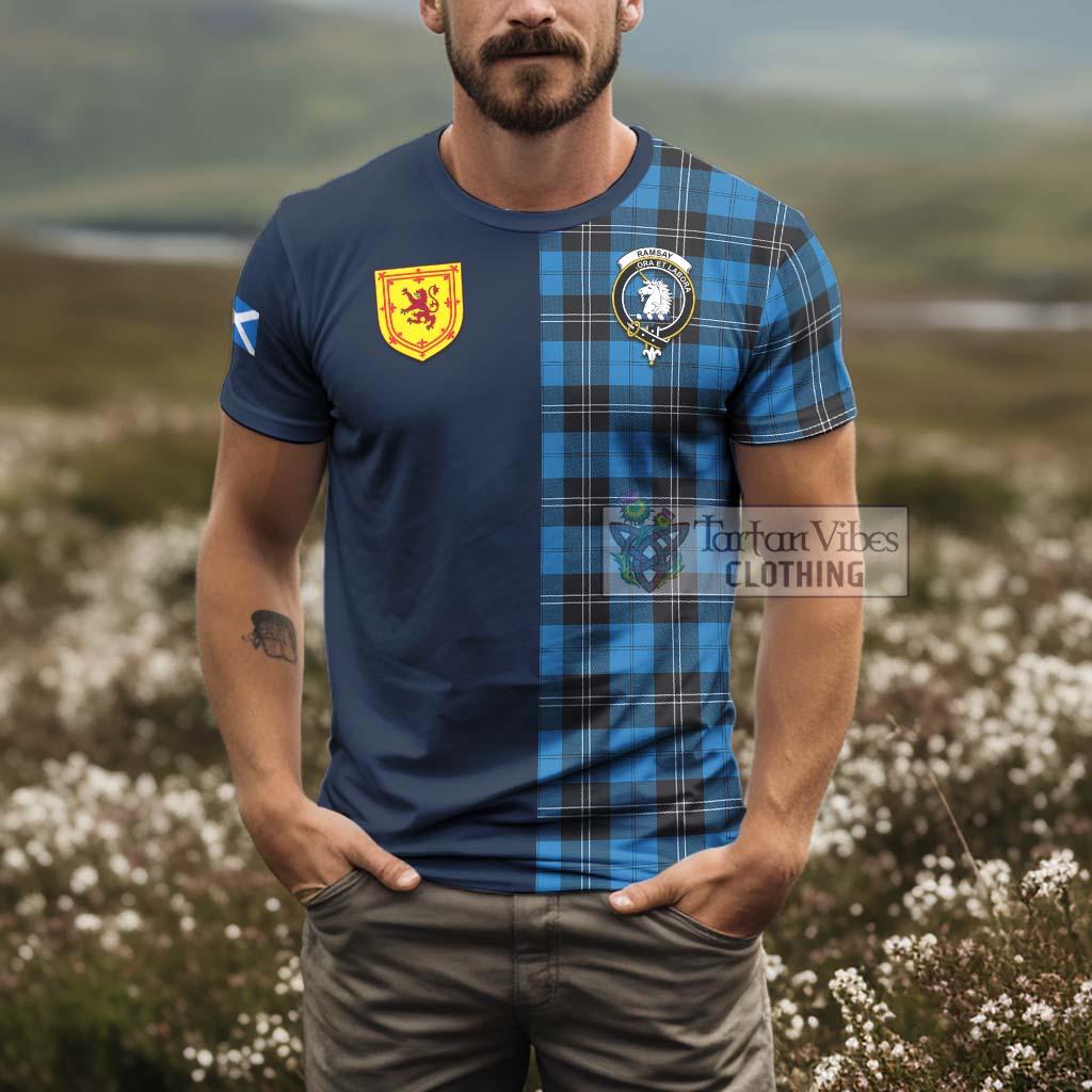 Tartan Vibes Clothing Ramsay Blue Ancient Tartan T-Shirt Alba with Scottish Lion Royal Arm Half Style